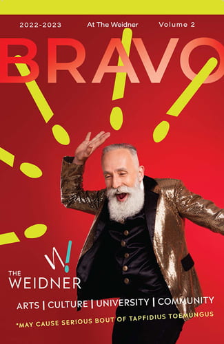 BRAVO Program Book Cover, 2022-2023, Volume 2. 
Older gentleman with white beard wearing a sequin jacket, dancing at The Weidner. 